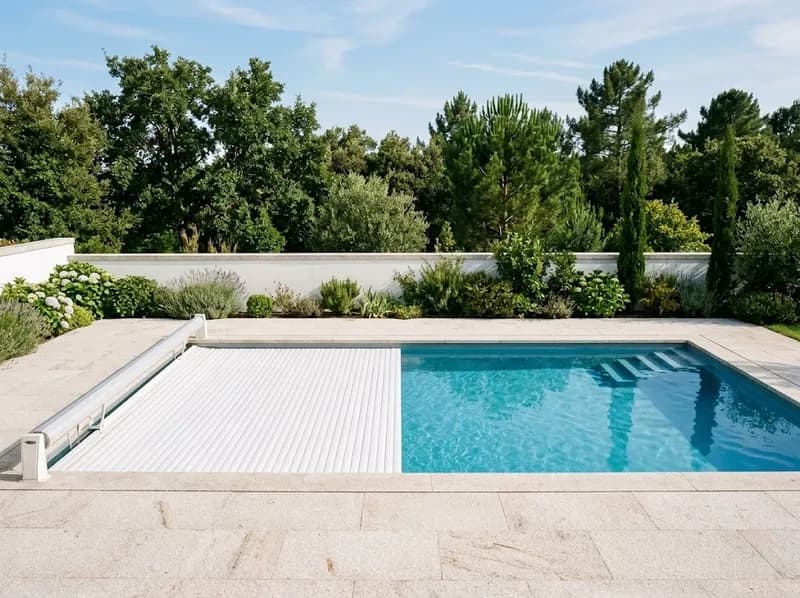 Piscina com cobertura de segurança de lâminas