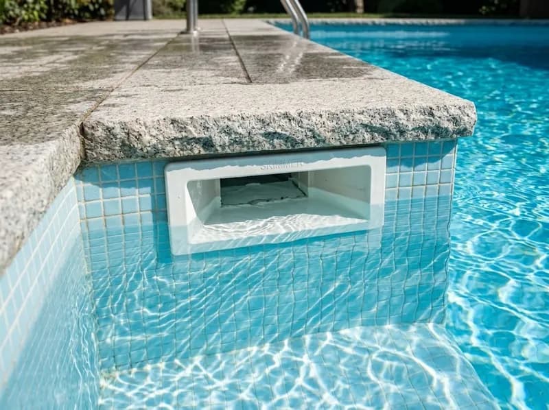 Pormenor do skimmer e da bordadura de uma piscina limpa