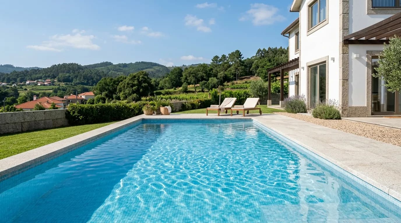 Piscina de jardim com água limpa e deck de pedra numa tarde de sol